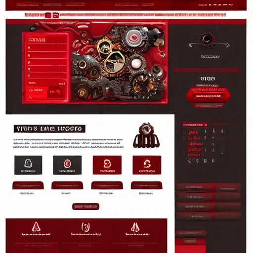 Image similar to a full ux layout of a steampunk mechanical dog dashboard and marketplace site design, red theme.