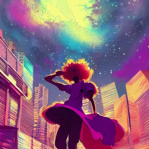 Prompt: ( a young black girl with a nebula afro ), skateboarding in a synthwave city, trending on pixiv fanbox, painted by makoto shinkai takashi takeuchi studio ghibli, akihiko yoshida, yoshitaka amano, wangechi mutu, clean cel shaded vector art, synthwave colors, illustration, hd, 8 k