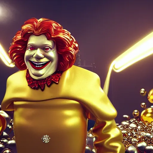 Image similar to A still of Ronald McDonald surrounded by gold and diamonds, Award-winning, photograph, 3d render, unreal engine, 4k detailed