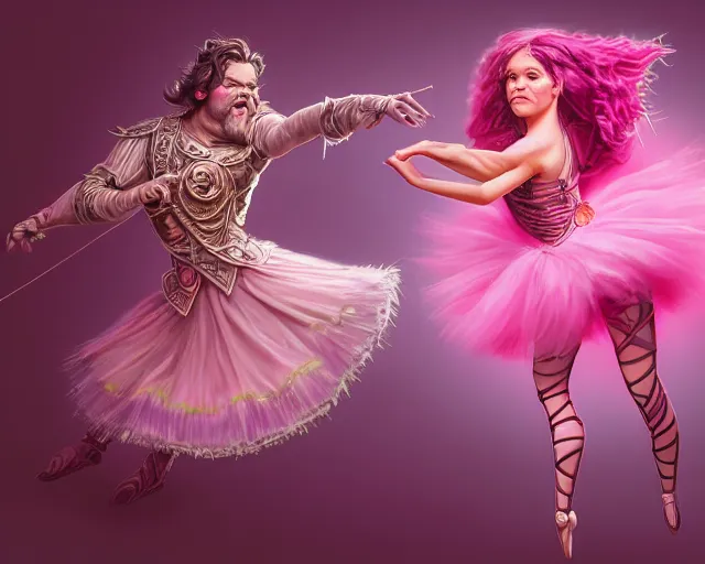 Image similar to photography of jack black dancing in a pink ballerina outfit, full body shot, deep focus, d & d and mtg, fantasy, intricate, elegant, highly detailed, digital painting, artstation, concept art, matte, sharp focus, illustration, hearthstone, art by giger