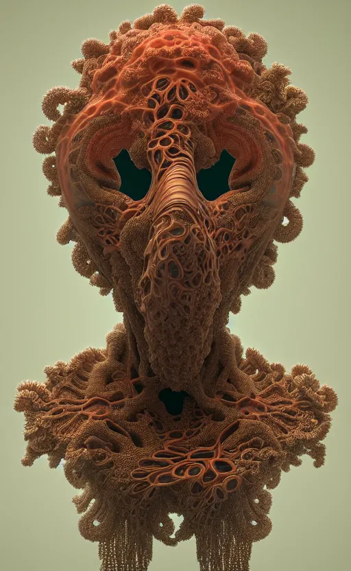 Image similar to portrait intricate mask, eagle coral, jelly fish, mandelbulb 3 d, fractal flame, octane render, cyborg, biomechanical, futuristic, by ernst haeckel