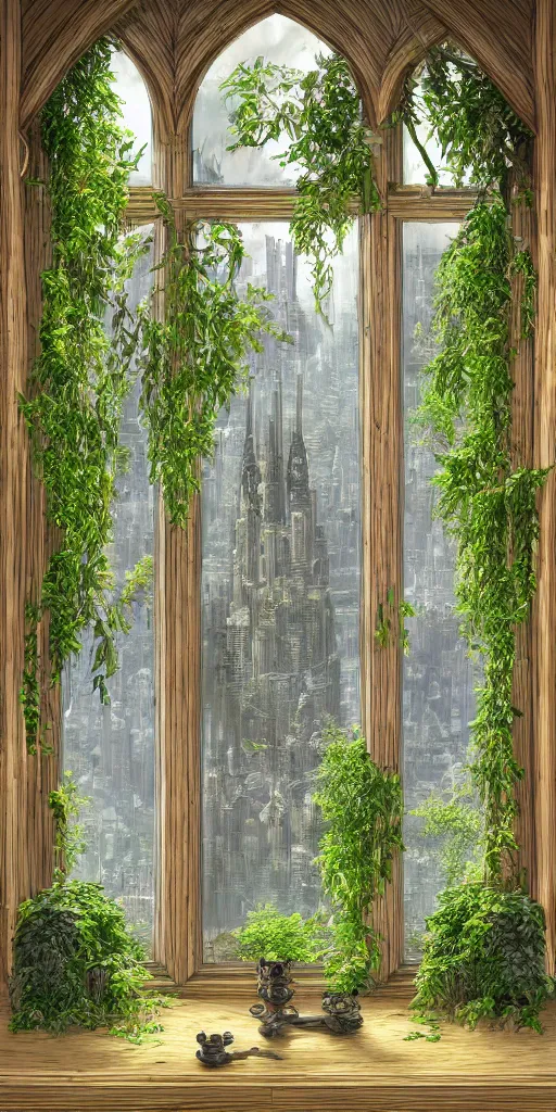 Image similar to fantasy Elvish windowsill with lush plants inside of it, interior of room, looking out toward a metropolitan cityscape, vignette of windowsill, detailed digital concept art by John Howe, trending on artstation