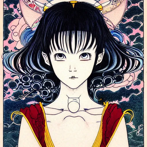 Image similar to prompt: Fragile looking character soft light portrait face drawn by Takato Yamamoto and Katsuhiro Otomo, tattooed face, inspired by Sailor Moon anime, alchemical objects on the side, soft light, intricate detail, intricate gouache painting detail, sharp high detail, manga and anime 2010