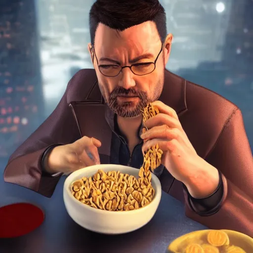 Image similar to jc denton from deus ex videogame eats cereal at a table near liberty island, high quality, photorealistic, highly detailed, 4 k, hd