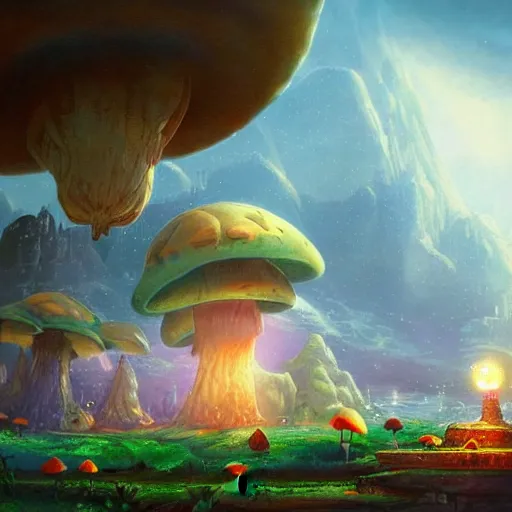 Image similar to beautiful matte art of a mushroom kingdom in the style of futuristic 1 8 th / 1 9 th / 2 0 th century concept art detailed realistic, highly detailed, crystal lighting, hyperrealistic, unreal engine, magical