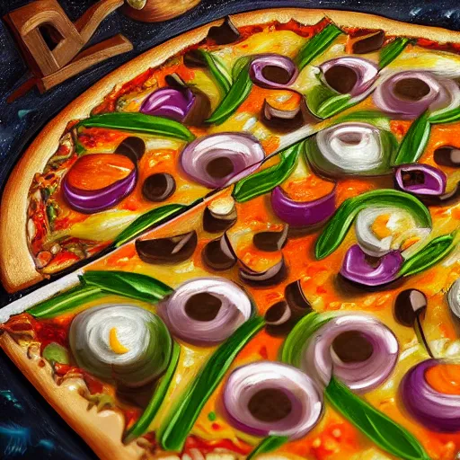 Prompt: Pizza, veggies, guitar, extremely Highly detailed, Occult, funny, humorous, humor, hilarious, funny, entertaining, magical, trending on artstationHQ, closeup, D&D, intricate, elegant, highly detailed, digital painting, artstation, concept art, matte, sharp focus, illustration, surrealism