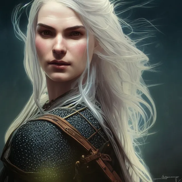 Prompt: close up portrait of a beautiful female witcher, shiny, glowing hair, subsurface scattering, artistic, magical background with light rays, fantasy atmosphere. art by artgerm, greg rutkowski and alphonse mucha, highly detailed, intricate, lifelike. sci - fi, fantasy, magical, octane render,