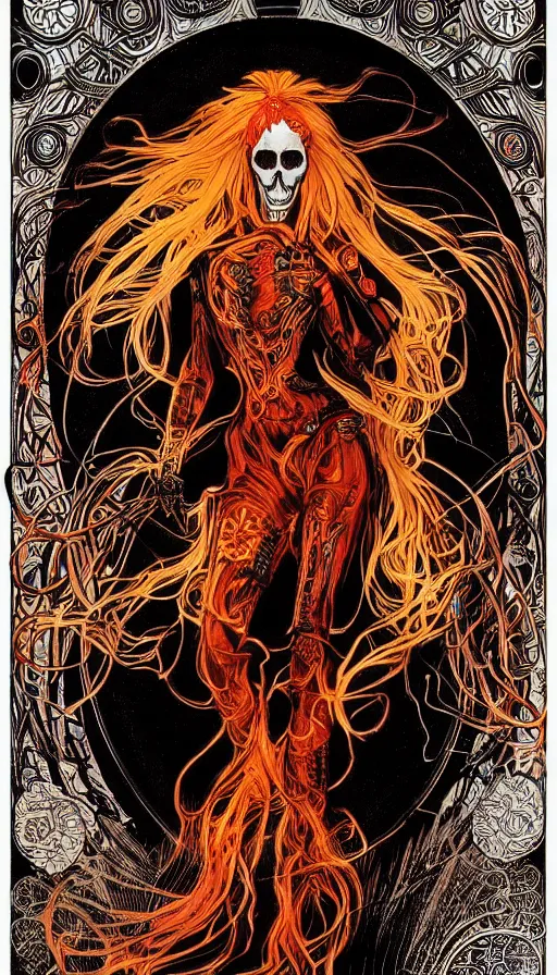 Prompt: a finely detailed beautiful!!! feminine cyberpunk ghost rider with skull face and long flowing hair made of fire and flames, dressed in black leather, by Alphonse Mucha, designed by H.R. Giger, legendary masterpiece, stunning!, saturated colors, black background, full body and head portrait, zoomed out to show entire image, trending on ArtStation