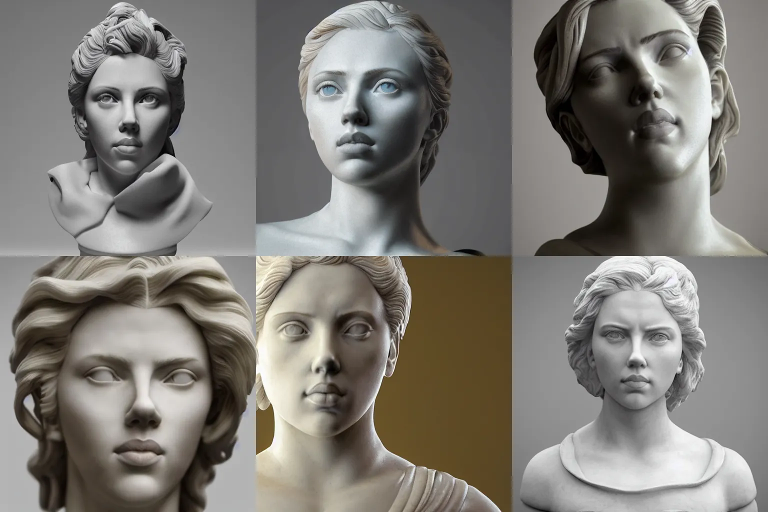 Image similar to a marble bust of actress Scarlett Johansson, made of Carrara marble, extremely detailed, 8K render, unreal engine, octane render, intricate, CGI, cgsociety, photograph, single subject, medium shot, shallow depth of field, by Gian Lorenzo Bernini