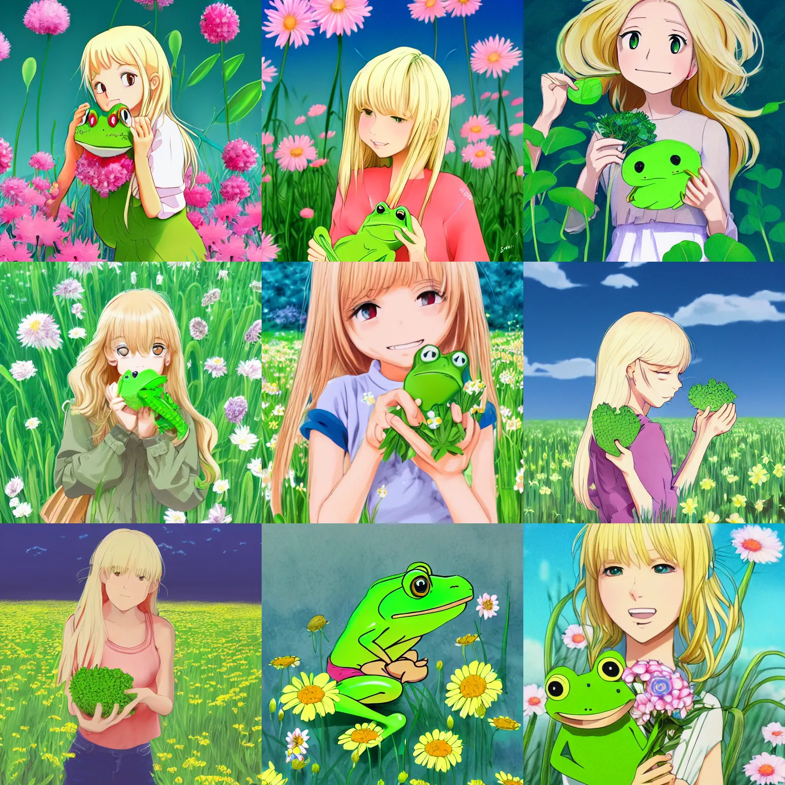 Prompt: illustration of a blonde girl holding a happy green! frog, in a field of flowers, studio ghibli, fantasy, disney, anime, digital art, cute, shoujo, trending on artstation, very detailed, realistic anime 4 k