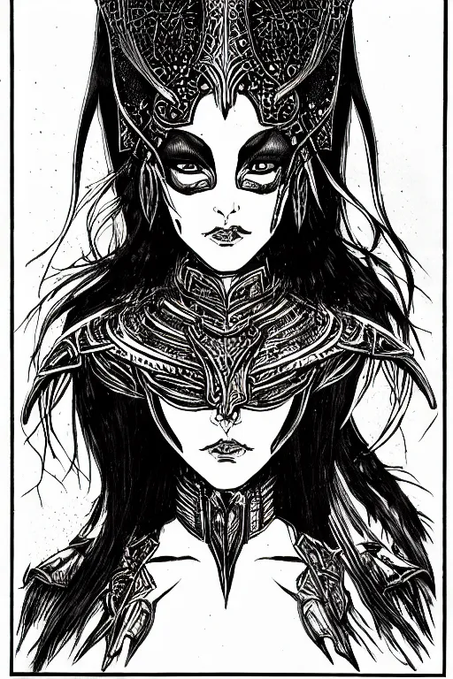 Image similar to head and shoulders portrait of an eldritch knight, drow, dark elf, shadar kai, female, breastplate, magical, high fantasy, d & d, by beardsley, face details, extremely detailed, vogue fashion photo