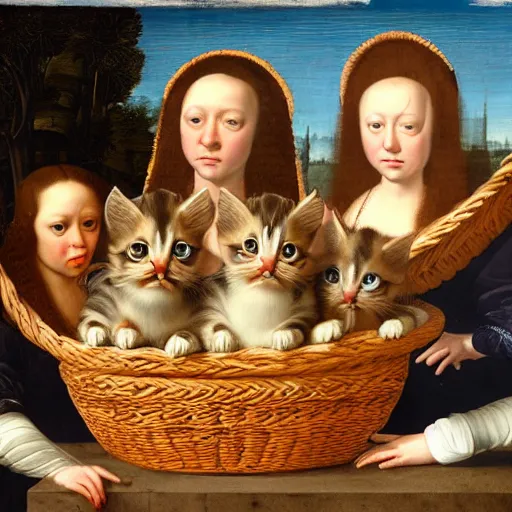 Prompt: renaissance portrait of a basket of kittens