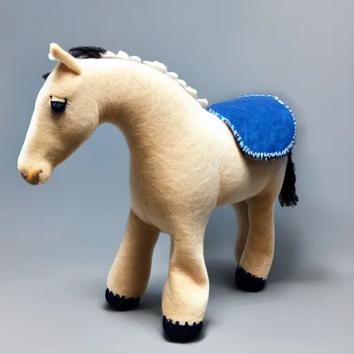 Prompt: a beautiful realistic felt plush horse in dusty blue with ornate detailed embroidery decoration