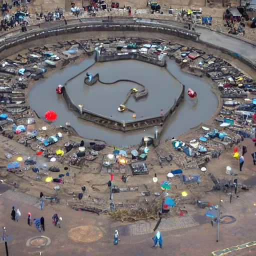 Image similar to a wide-angle aerial view photo of Dismaland Bemusement Park by Banksy, 8k, award winning photography
