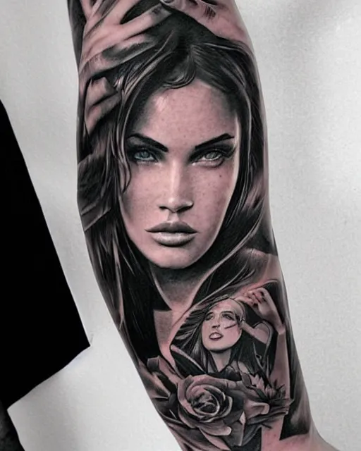 Prompt: amazing double exposure effect tattoo design sketch of megan fox with beautiful mountains, realism tattoo, in the style of andrey lukovnikov, amazing detail, sharp