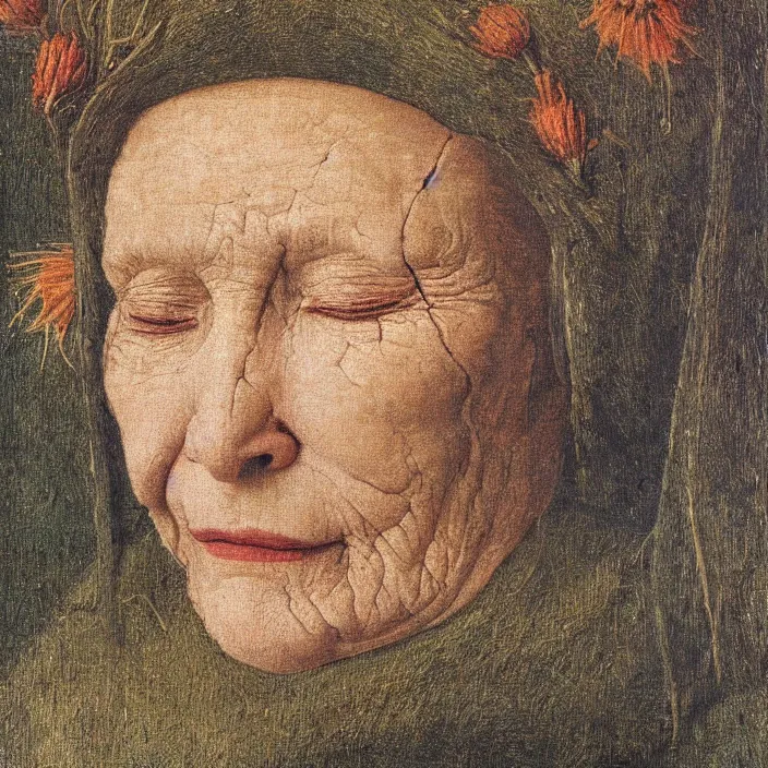 Prompt: close up frontal portrait of a dying old woman. thistle, clear gradient sky. jan van eyck