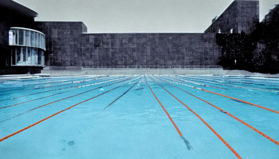 Prompt: 1 9 6 0 s movie still of empty blue tiles swimmingpool, low quality, liminal space style