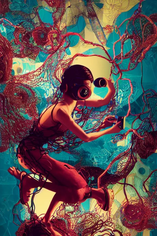Prompt: epic 3 d abstract 🇵🇷 laptop hacker, spinning hands and feet, 1 6 mm, maroon and teal peanut butter melting smoothly into asymmetrical mesh and mushrooms, thick wires looping, wavy, kinetic, floating headsets, houdini sidefx, deviantart, by jeremy mann, ilya kuvshinov, jamie hewlett and ayami kojima