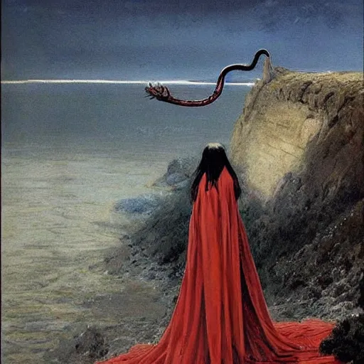 Image similar to flowing, evocative by robert mcginnis. a beautiful body art of a horned, red - eyed, skeleton - like creature, with a long black cape, & a staff with a snake wrapped around it, standing in front of a castle atop a cliff.