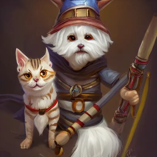 Image similar to cute little anthropomorphic Maltese Terrier and tabby cat, wielding a magic staff, tiny, small, short, Wizard robe, cute and adorable, pretty, beautiful, DnD character art portrait, matte fantasy painting, DeviantArt Artstation, by Jason Felix by Steve Argyle by Tyler Jacobson by Peter Mohrbacher, cinema