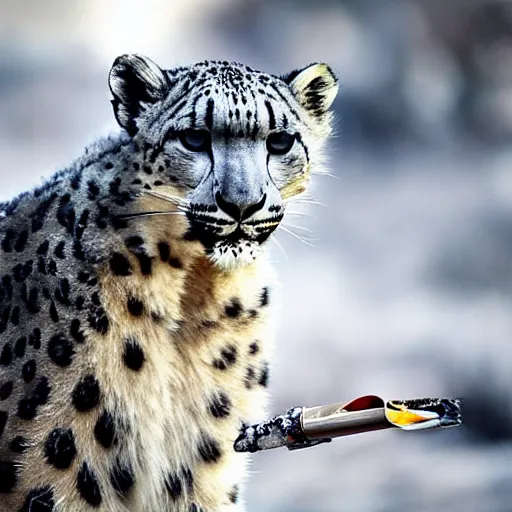 Image similar to Snow leopard smoking a joint, smoke clouds, award-winning photo