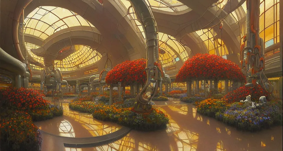 Image similar to a minimalist oil painting by donato giancola and james gurney, warm coloured, cinematic scifi luxurious futuristic foggy steam filled megalithic garden circular shopping mall interior with microscopy minimalist giant windows flowers growing out of pretty bulbous ceramic fountains, gigantic pillars and flowers, maschinen krieger, beeple, star trek, star wars