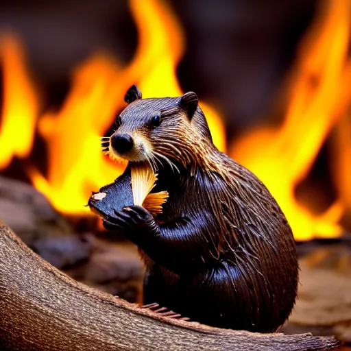 Image similar to wildlife photography of a beaver chewing down a bamboo shoot, surrounded by flames and lava, f / 1. 8, soft focus, 8 k, national geographic, award - winning photograph by nick nichols