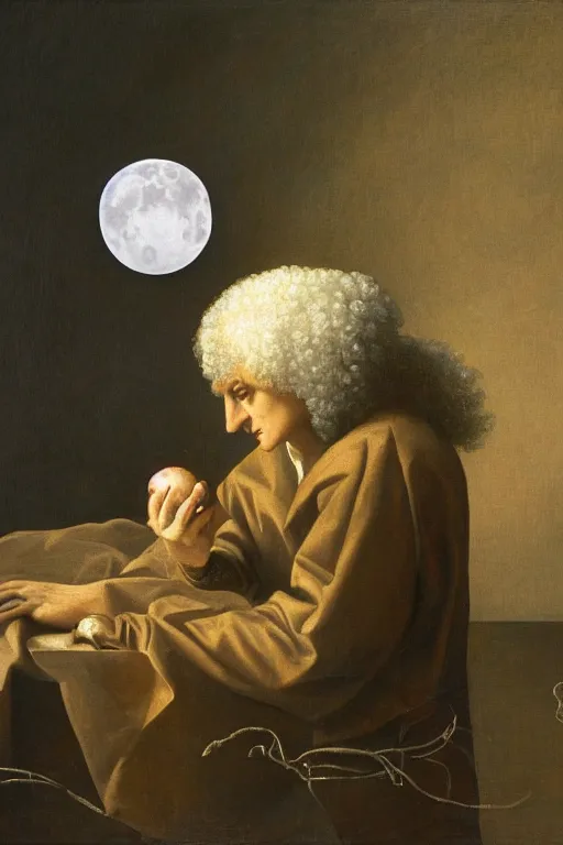 Prompt: Isaac Newton, the apple and the moon, oil on canvas, intricate, 8k highly professionally detailed, HDR, CGsociety