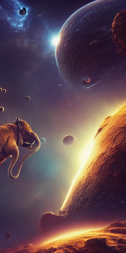 Image similar to planet - sized tiger elephant in space, next to the sun and stars, very wide shot, epic composition, hyper detailed, digital art, trending in artstation, cinematic lighting, studio quality, unreal engine 5 rendered, art style by klimt and nixeu and ian sprigger and wlop and krenz cushart