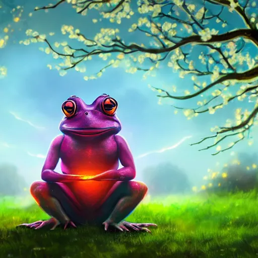 Prompt: anthropomorphic frog warrior, meditating under a cherry tree, [ palate ] [ vibrant gothic colors ], vibrant neon nebulous clouds, radiant light rays, photorealistic painting, intricate and fine symmetrical details, volumetric lighting, artstation, octane render, unreal engine