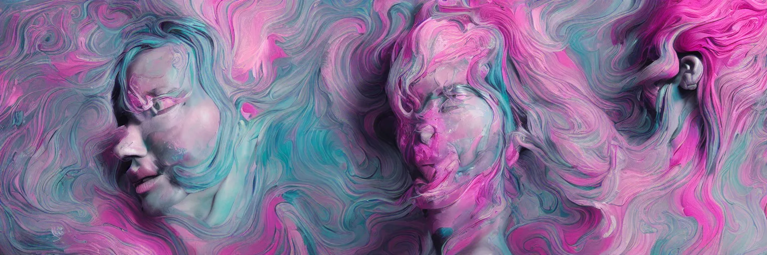 Image similar to A portrait of a very beautiful goddess with pink and grey hair radiating an artwork made of swirling paint and impasto by James Jean and WLOP , background is multicoloured volumetric displacement, hyperrealism, subsurface scattering, arnold render, noise to volume, 8k, houdini, xparticles