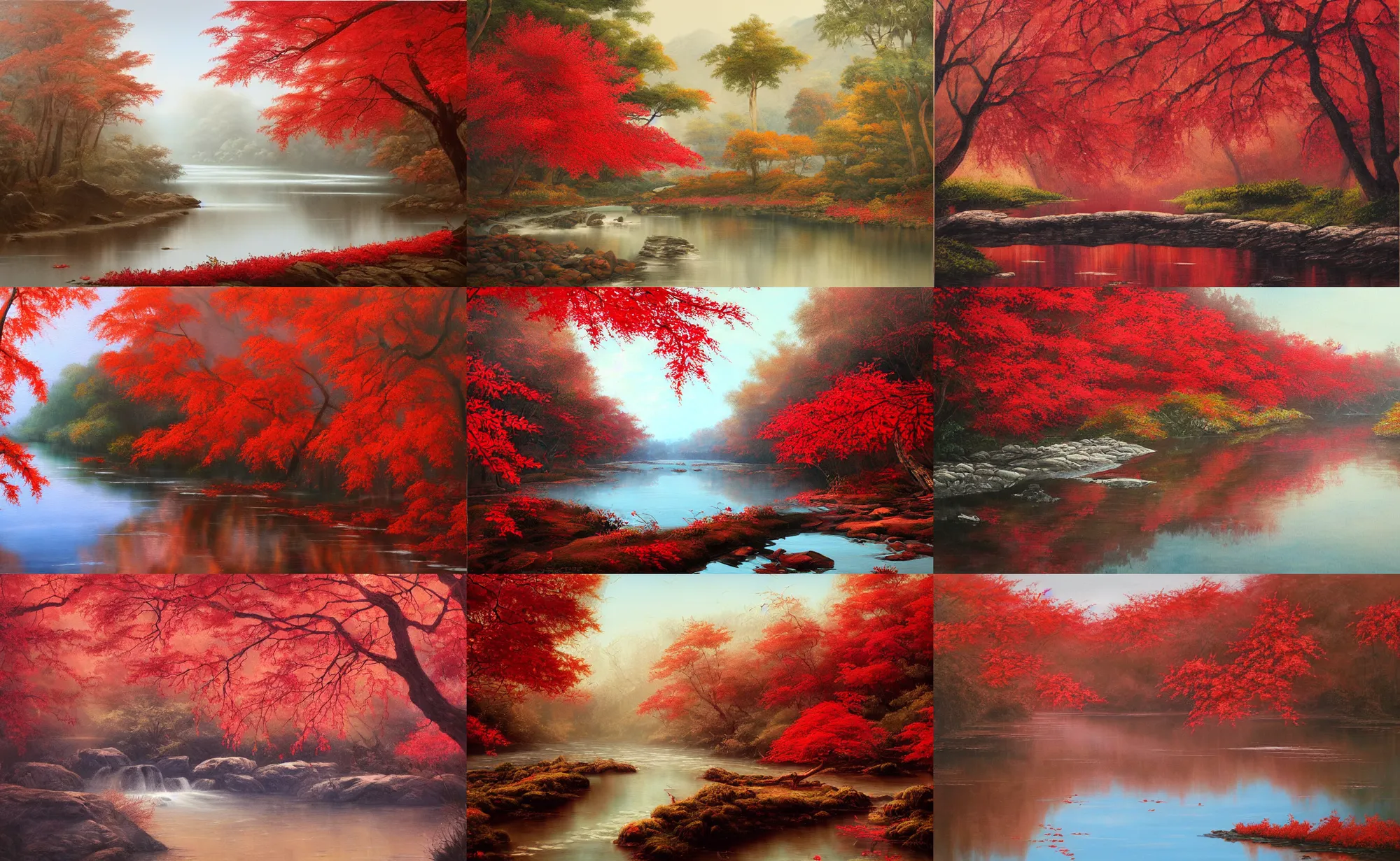 Prompt: a painting of a river surrounded by trees with red leaves, a detailed painting by wuzhun shifan, deviantart, action painting, detailed painting, matte painting, watercolor