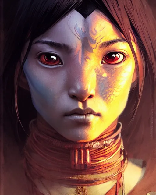 Image similar to suki from avatar the last airbender, character portrait, portrait, close up, concept art, intricate details, highly detailed by greg rutkowski, michael whelan and gustave dore