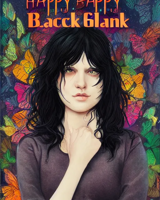 Image similar to happy birthday black haired girl, book cover by Neil Gaiman, trending on artstation, 8k, highly detailed