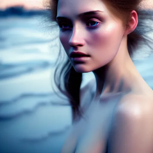 Image similar to photographic portrait of a stunningly beautiful siberian renaissance female in soft dreamy light at sunset, beside the river, soft focus, contemporary fashion shoot, in a denis villeneuve and tim burton movie, by edward robert hughes, annie leibovitz and steve mccurry, david lazar, jimmy nelsson, extremely detailed, breathtaking, hyperrealistic, perfect face, octane render