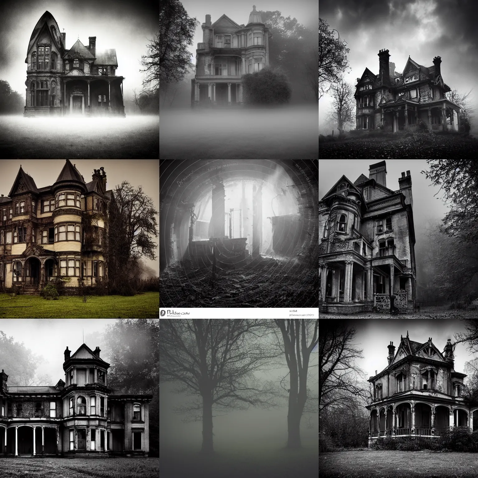 Prompt: Looming ramshackle Victorian mansion, cinematic, moody, gothic, lost in the mist