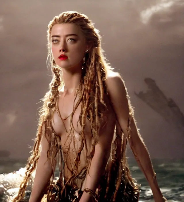 Image similar to amber heard as mermaid in pirates of the caribbean, movie still frame, hd, remastered, movie grain, cinematic lighting