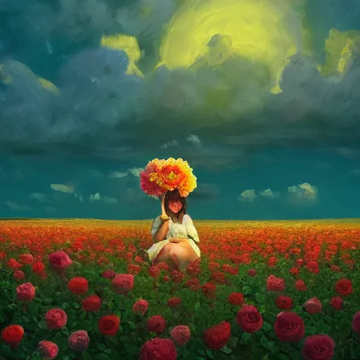 Image similar to giant rose flower head, girl sitting in a flower field, surreal photography, sunrise, dramatic light, impressionist painting, colorful clouds, digital painting, artstation, simon stalenhag