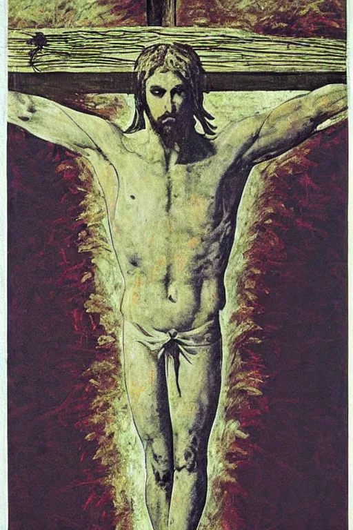 Image similar to christ crucified looking like a big mushroom painted in by cy twombly and andy warhol