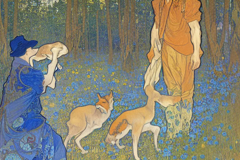 Prompt: landscape art nouveau painting of an old man dressed as a farmer and his fox in the forest, by alphonse mucha and gustav klimt and antoni gaudi, masterpiece,, warm shades of blue, silver, orange, gold, and pink, oil painting, high resolution, very detailed, oil on canvas