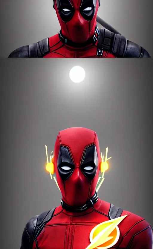 Image similar to deadpool as the flash, dynamic lighting, photorealistic fantasy concept art, trending on art station, stunning visuals, terrifying, creative, cinematic