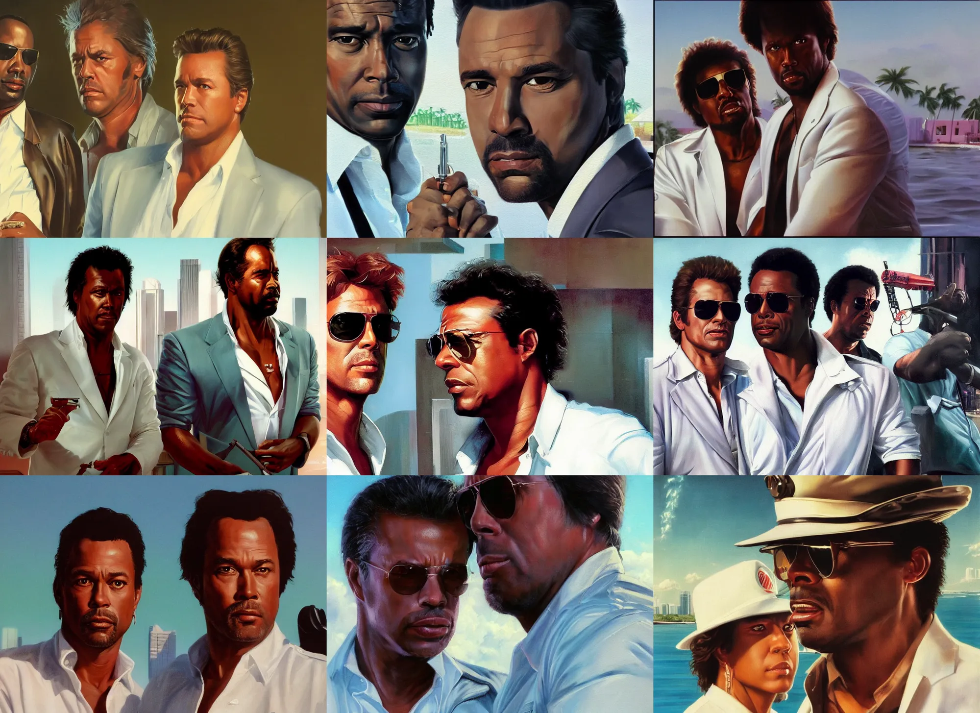 Prompt: a closeup portrait painting of crockett and tubbs in eighties miami vice, ultra realistic, highly detailed faces, true life, 8 k, masterpiece, cinematic, by frank frazetta, greg rutkowski, yoko taro, christian macnevin, beeple, wlop, krenz cushart, epic character art, dramatic lighting, white leisure suit