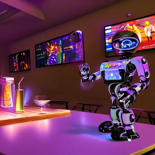 Prompt: a robot is at the sports bar and orders a drink from a cyberpunk (TY beanie baby puppy dog), 8k, ultrarealistic, cgsociety, old master.