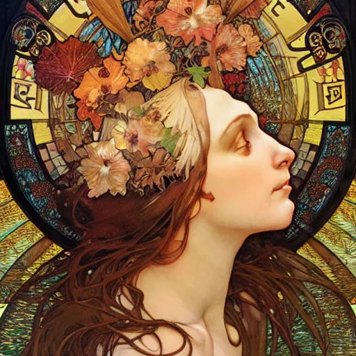 Prompt: realistic detailed face portrait of the goddess of autumn by Alphonse Mucha, Amano, Karol Bak, Greg Hildebrandt, Jean Delville, and Mark Brooks, Art Nouveau, Neo-Gothic, gothic, rich deep moody colors