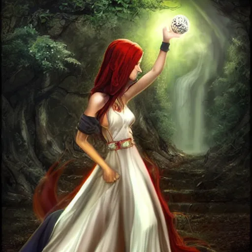 Prompt: a woman in a long dress holding a ball in her hand, concept art by anne stokes, featured on cgsociety, fantasy art, wiccan, dark and mysterious, mystical