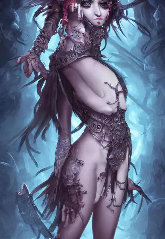 Image similar to mad necromancer seductive girl concept art, symmetrical, rule of three, detailed body, full body, detailed face, ultradetailed digital illustration, 8 k, epic atmosphere, digital art by simon cowell and rachel walpole