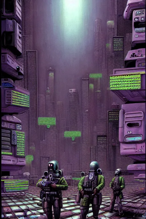 Prompt: a hyperrealistic detailed painting of a fascist takeover of the neo city, cyberpunk liquidation squads, depth of field, by chris cunningham and richard corben, highly detailed, vivid color,