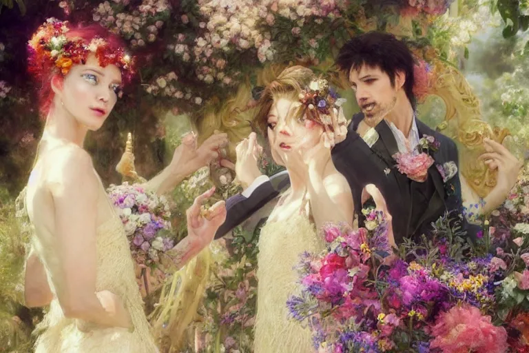 Image similar to the groom look at the bride at a wedding full of flowers, bright and happy, dreamlike art, highly detail, 4 k realistic, wedding photoy krenz cushart, artem demura, yoji shinkawa artgerm, jon lothian, danilo torres. adi meyers. thomas reimann. gaston bussiere.