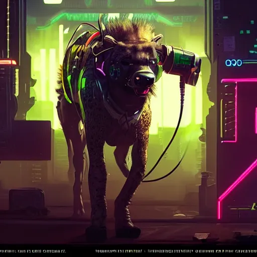 Prompt: cyborg hyena in cyberpunk 2 0 7 7, wires and neon lights, realistic highly detailed video game concept art,