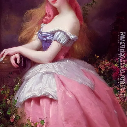 Image similar to Alice in Wonderland,a portrait of a beautiful Pink hair girl,Diamonds Blaze,Rose twining,luxuriant,dreamy, eternity, romantic,highly detailed,in the style of Franz Xaver Winterhalter, highly detailed,in the style of Aetherpunk